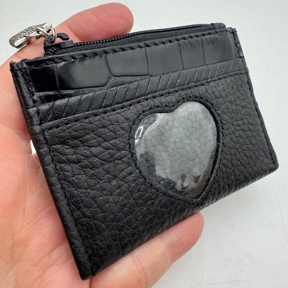 BRIGHTON Small ID Wallet Black Heart woman’s pebble leather floral basket zipper - Picture 2 of 9